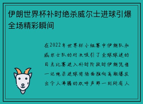 伊朗世界杯补时绝杀威尔士进球引爆全场精彩瞬间